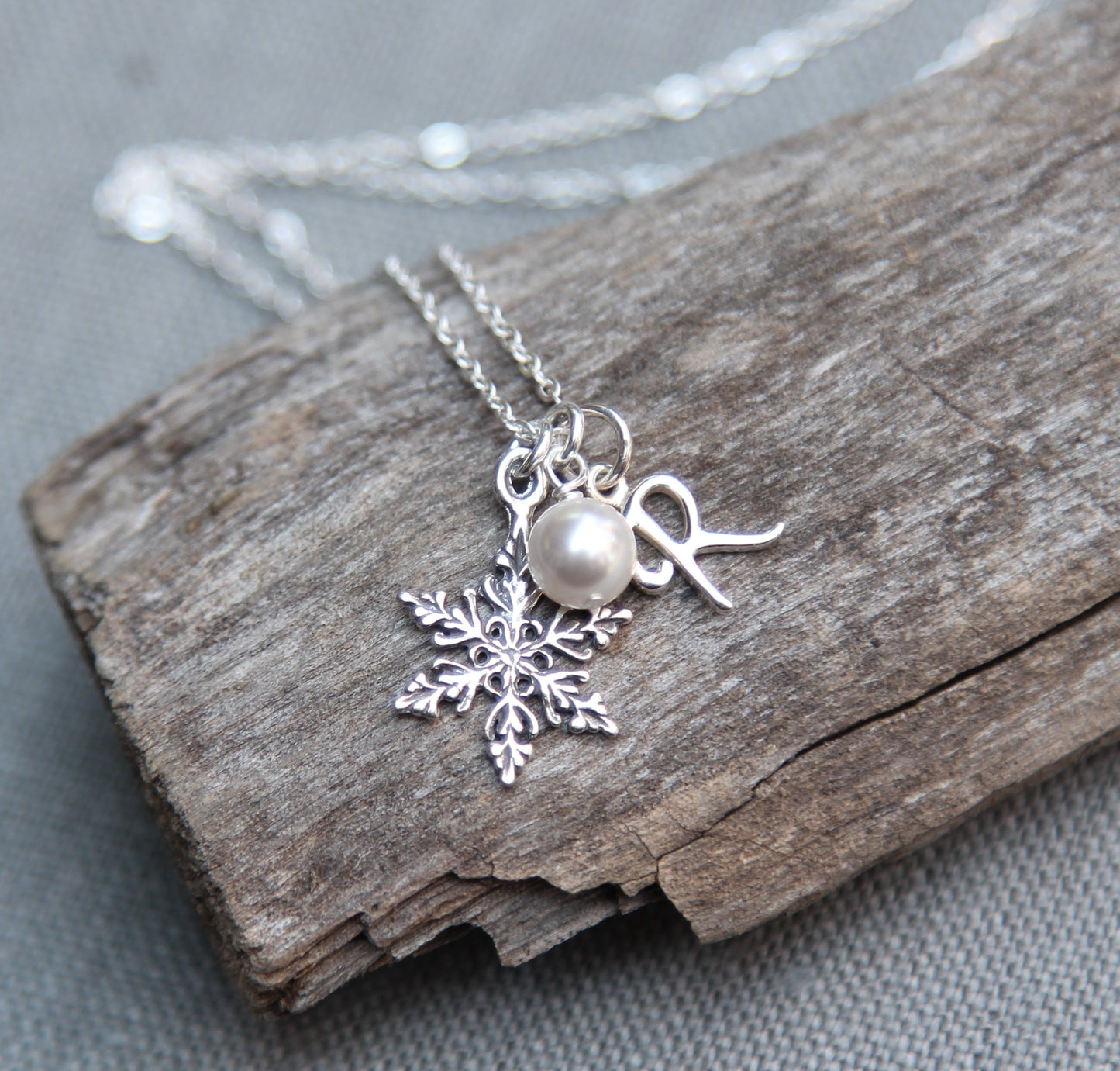 Sterling Silver Snowflake Necklace, Personalized Initial Jewlery