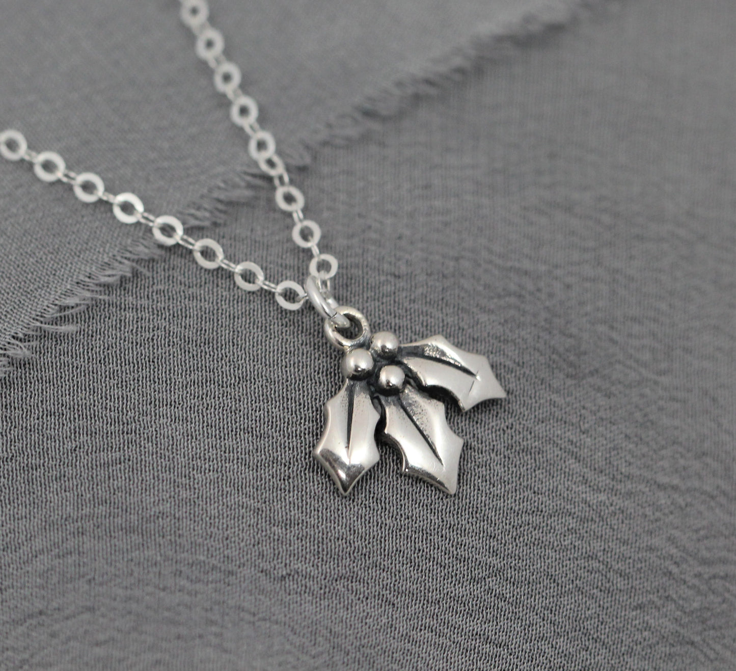 Christmas Necklace, Sterling Silver Holly Jewelry