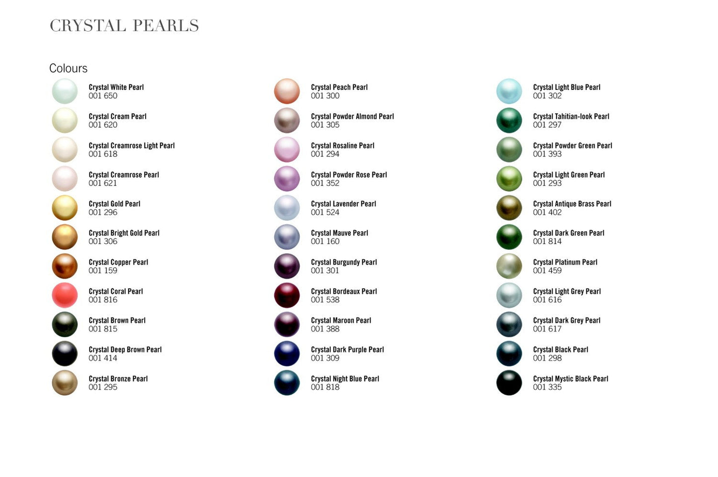 color chart for Swarovski crystal pearls